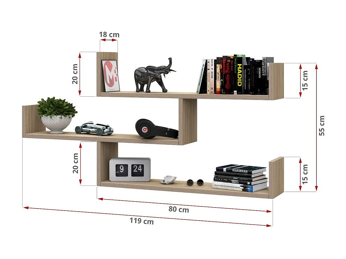 TRIO 03 wall shelf, wall-mounted shelf, floating shelf, wide shelf, sonoma color