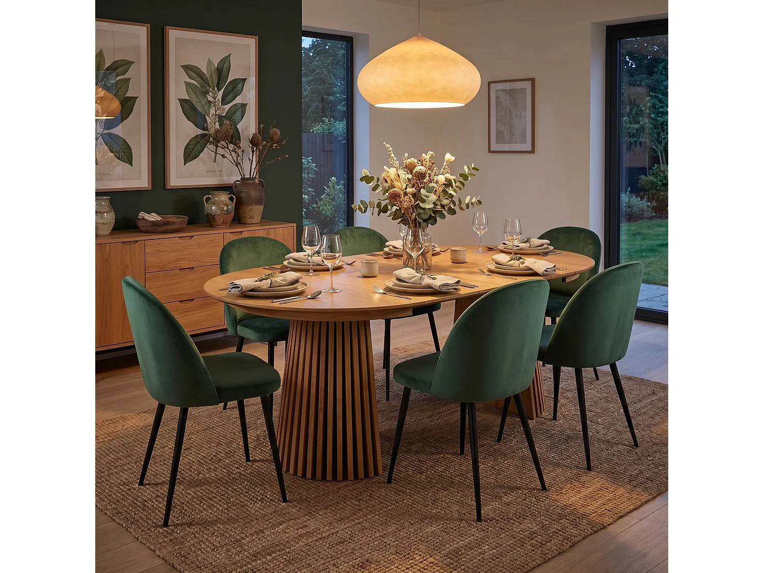 Tokyo ensemble de table à manger table à manger naturel, 6 chaises en velours vert.