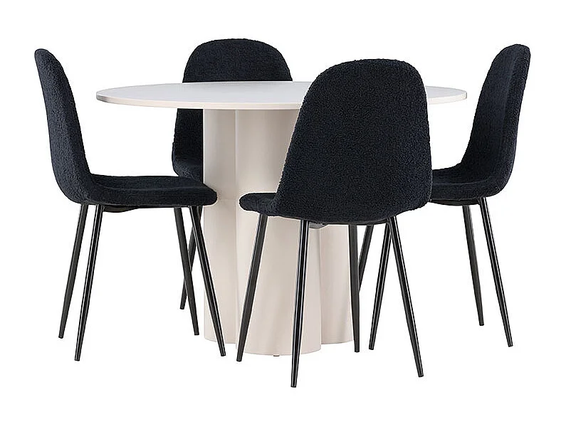 Olivia ensemble pour salle à manger table Ø110cm et 4 chaises teddy beige.