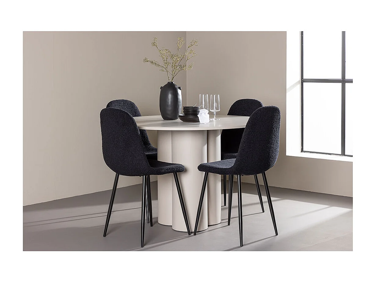 Olivia ensemble pour salle à manger table Ø110cm et 4 chaises teddy beige.