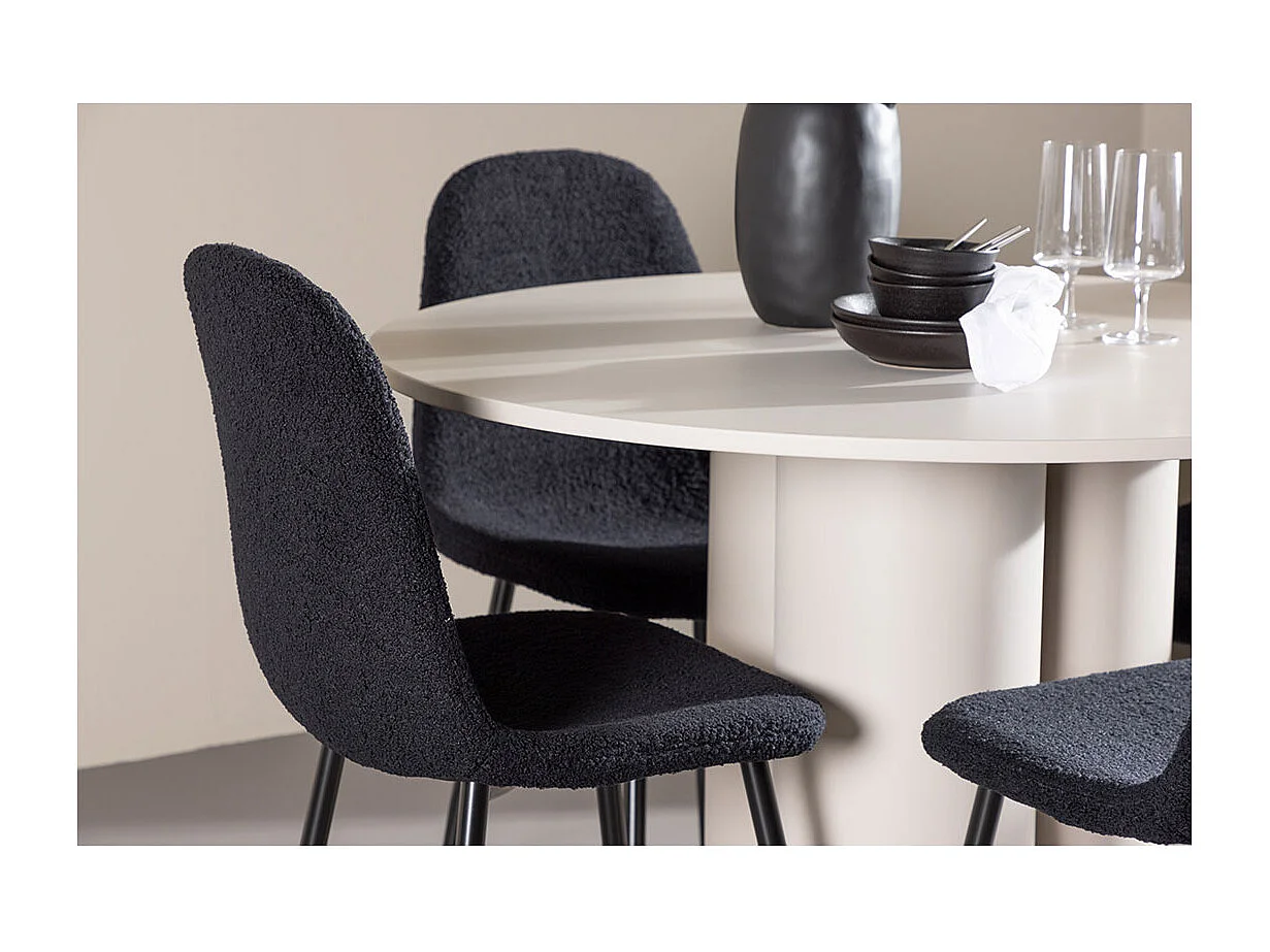 Olivia ensemble pour salle à manger table Ø110cm et 4 chaises teddy beige.