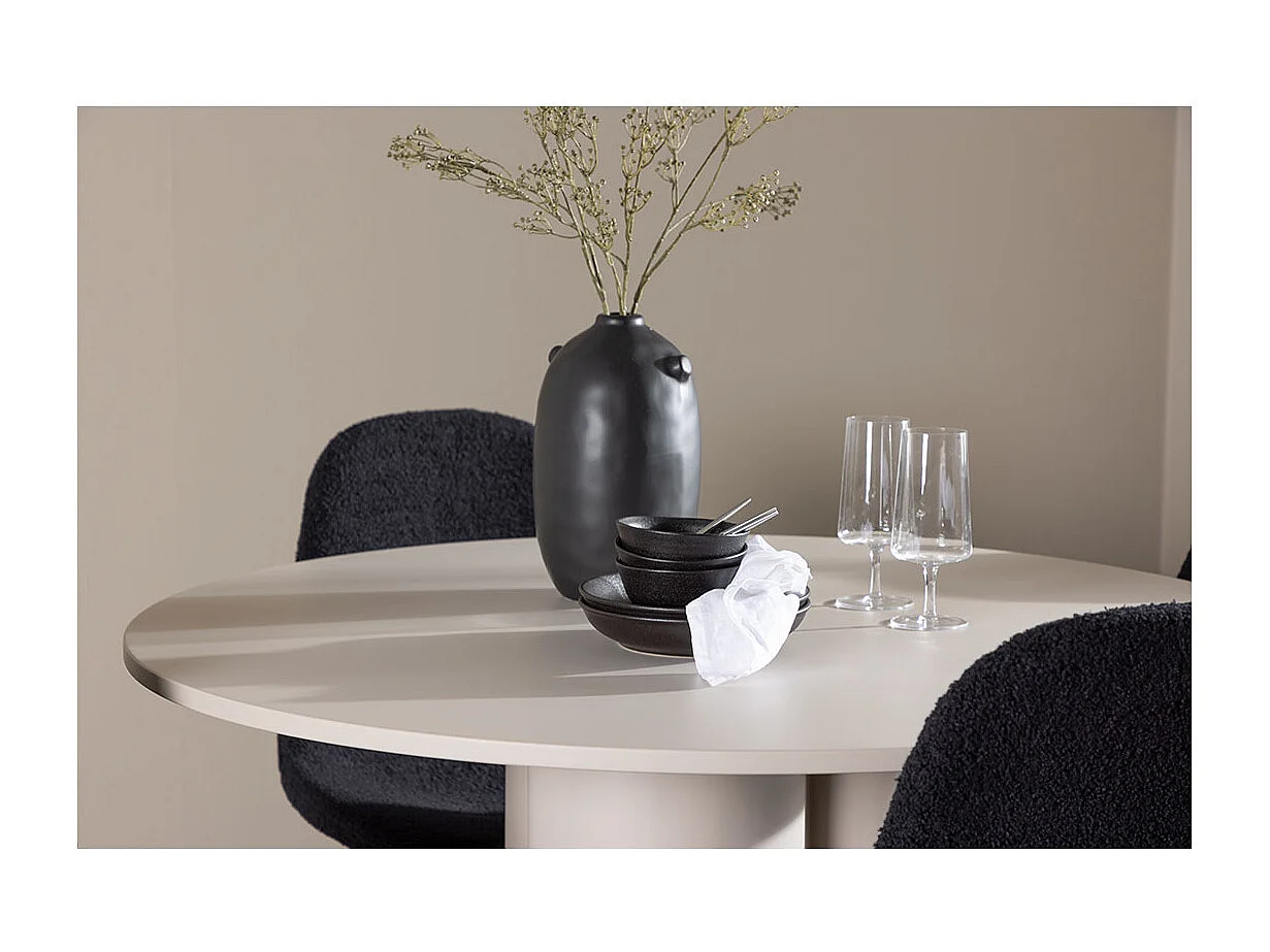 Olivia ensemble pour salle à manger table Ø110cm et 4 chaises teddy beige.
