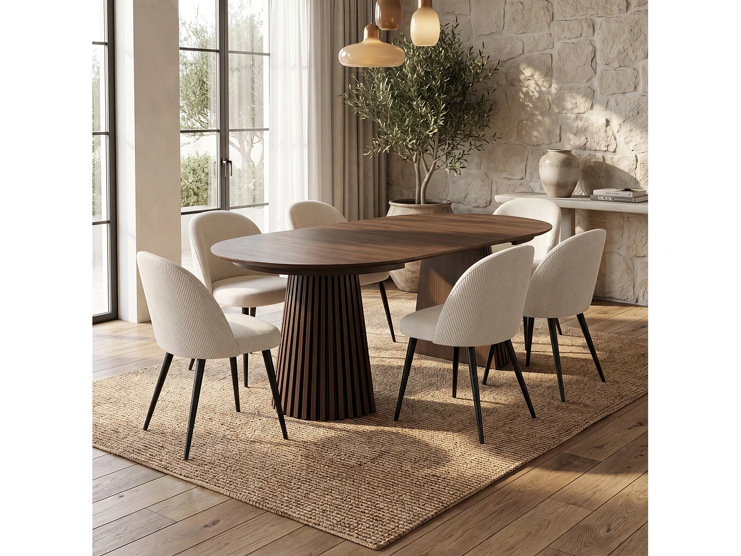 Tokyo ensemble de table à manger table à manger smoked, 6 chaises en velours côtelé beige.