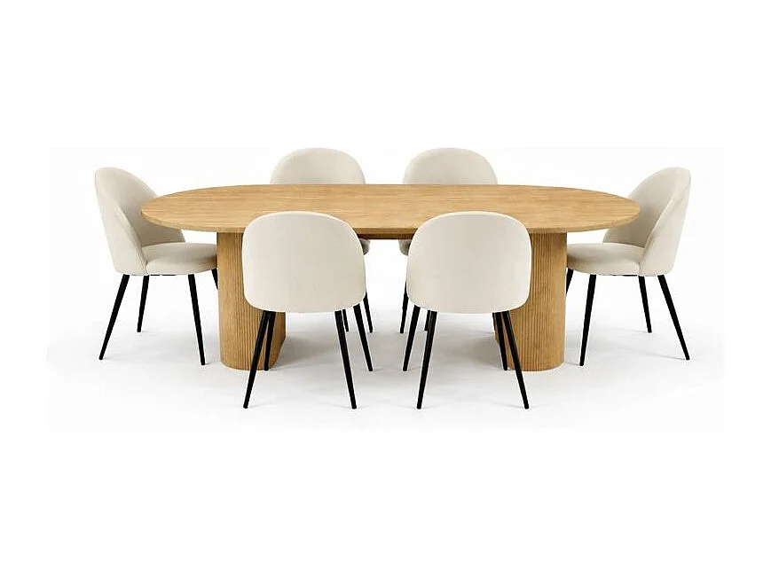 Kyoto ensemble de table à manger table 100x210cm nature, 6 chaises velours côtelé beige.