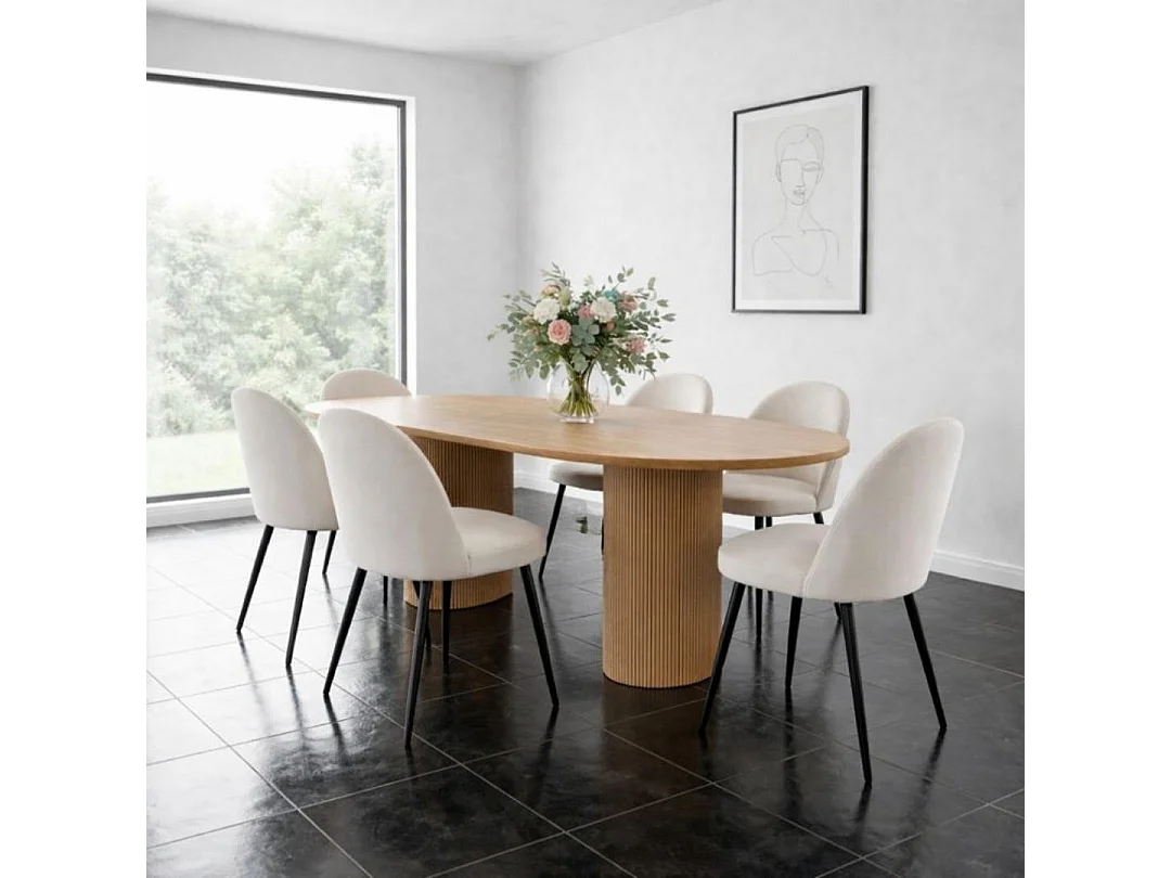 Kyoto ensemble de table à manger table 100x210cm nature, 6 chaises velours côtelé beige.