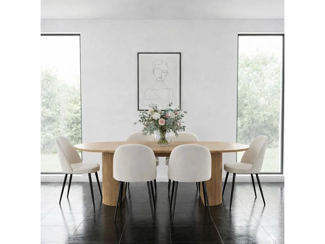 Kyoto ensemble de table à manger table 100x210cm nature, 6 chaises velours côtelé beige.