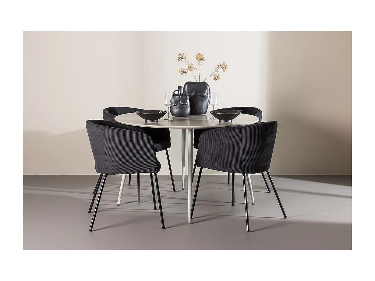 Plaza ensemble pour salle à manger table Ø120cm et 4 chaises velours avec accoudoirs beige.