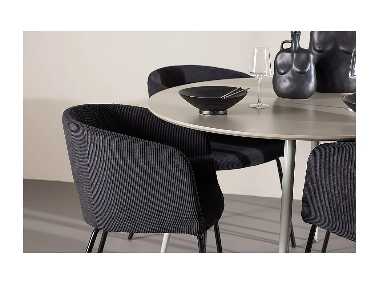 Plaza ensemble pour salle à manger table Ø120cm et 4 chaises velours avec accoudoirs beige.