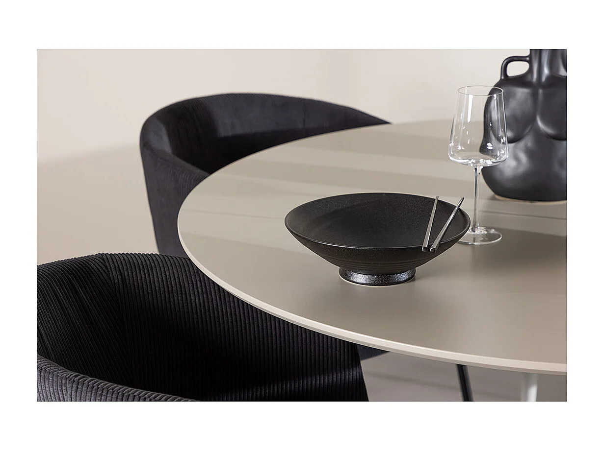 Plaza ensemble pour salle à manger table Ø120cm et 4 chaises velours avec accoudoirs beige.