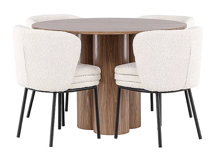 Olivia ensemble pour salle à manger table Ø110cm et 4 chaises bouclé brun.