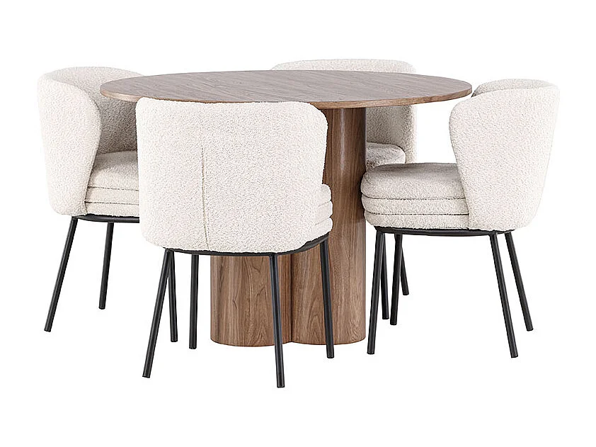 Olivia ensemble pour salle à manger table Ø110cm et 4 chaises bouclé brun.