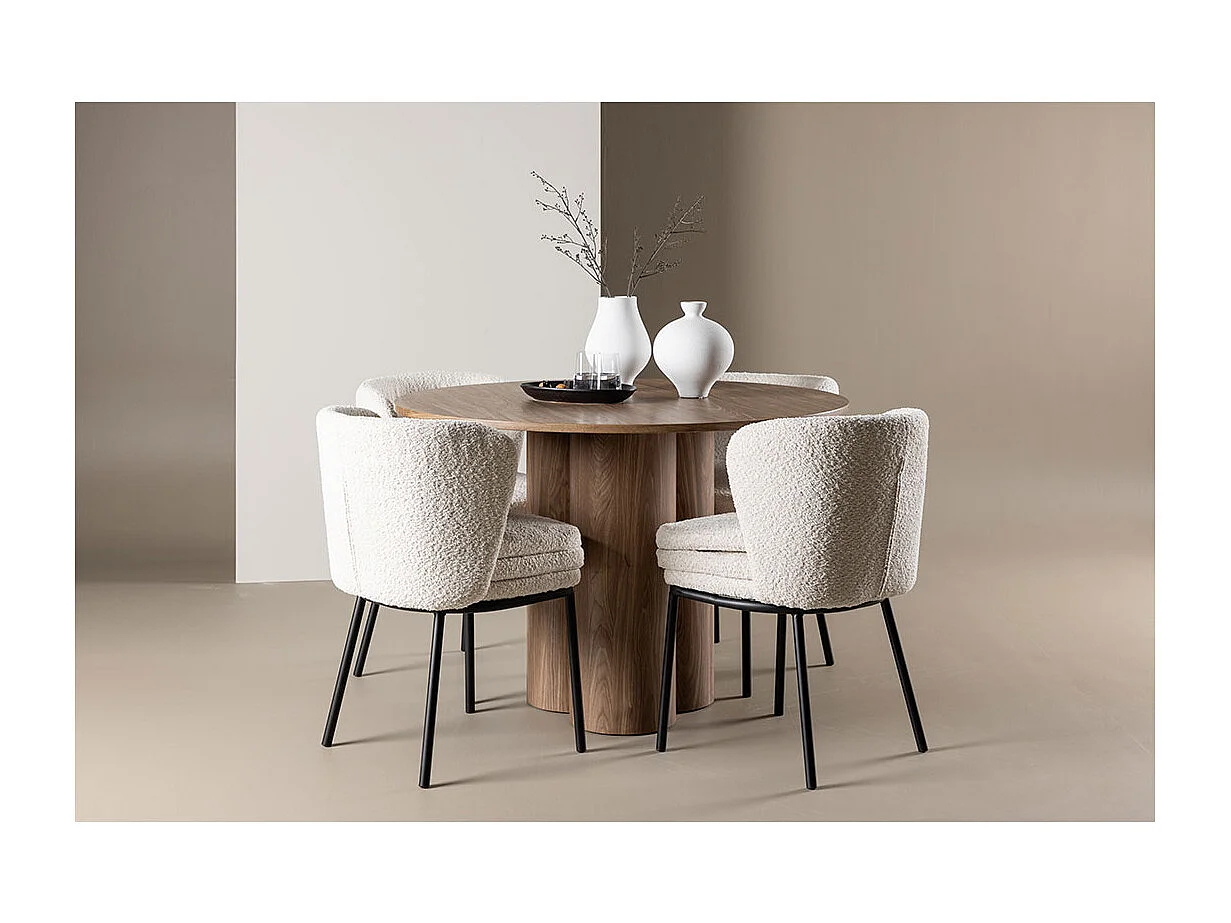 Olivia ensemble pour salle à manger table Ø110cm et 4 chaises bouclé brun.