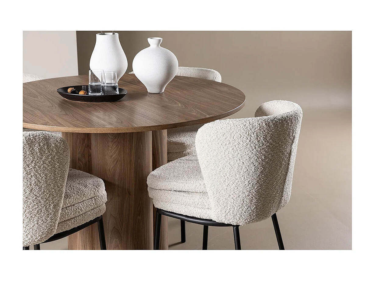 Olivia ensemble pour salle à manger table Ø110cm et 4 chaises bouclé brun.
