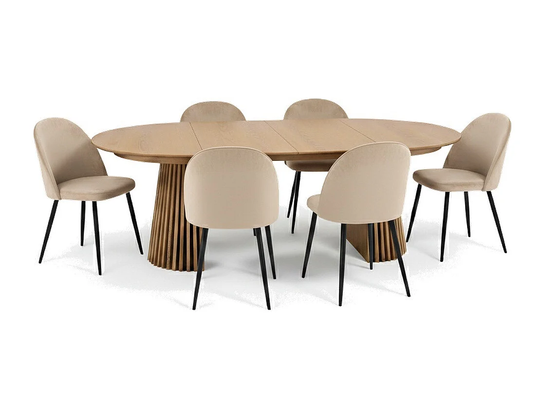 Tokyo ensemble de table à manger table à manger naturel, 6 chaises en velours beige.