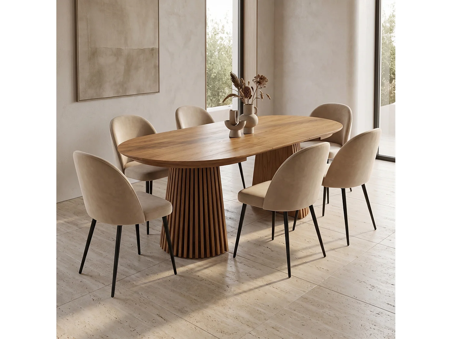 Tokyo ensemble de table à manger table à manger naturel, 6 chaises en velours beige.