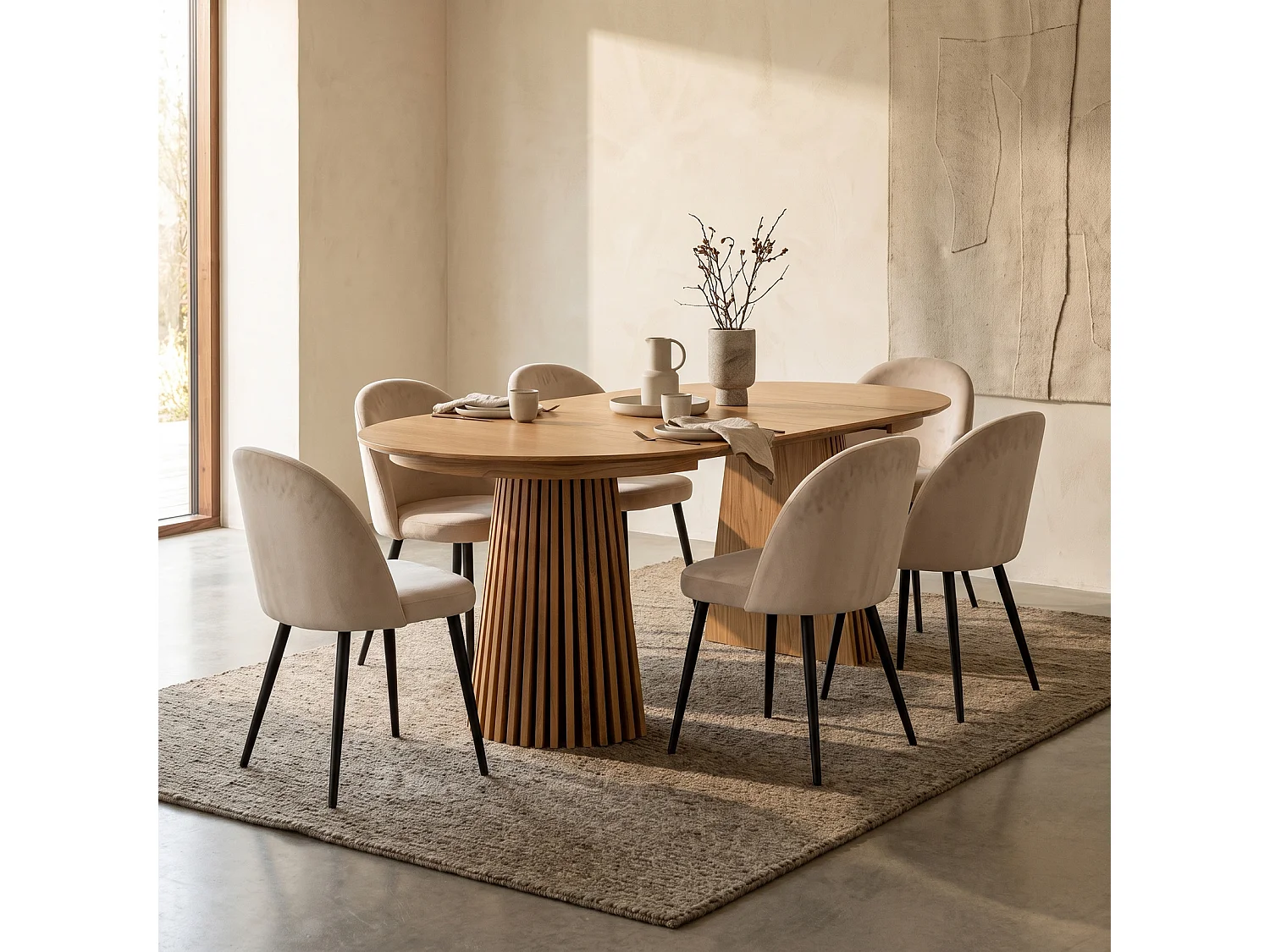 Tokyo ensemble de table à manger table à manger naturel, 6 chaises en velours beige.