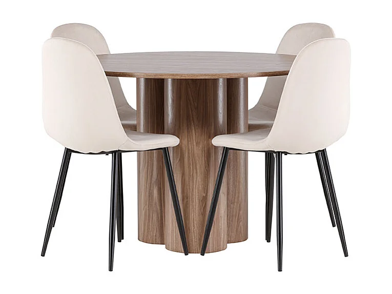 Olivia ensemble pour salle à manger table Ø110cm et 4 chaises velours brun.