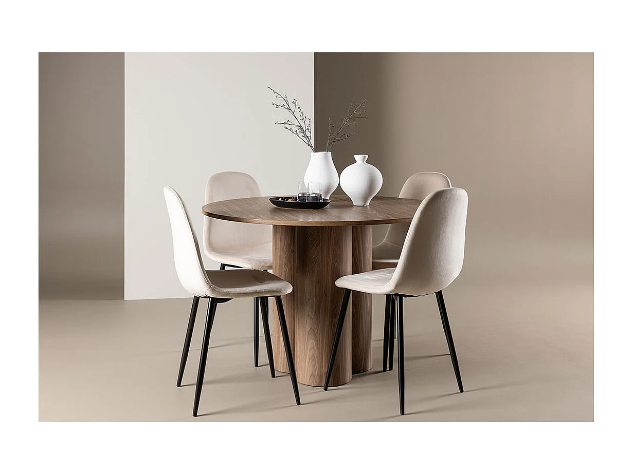 Olivia ensemble pour salle à manger table Ø110cm et 4 chaises velours brun.