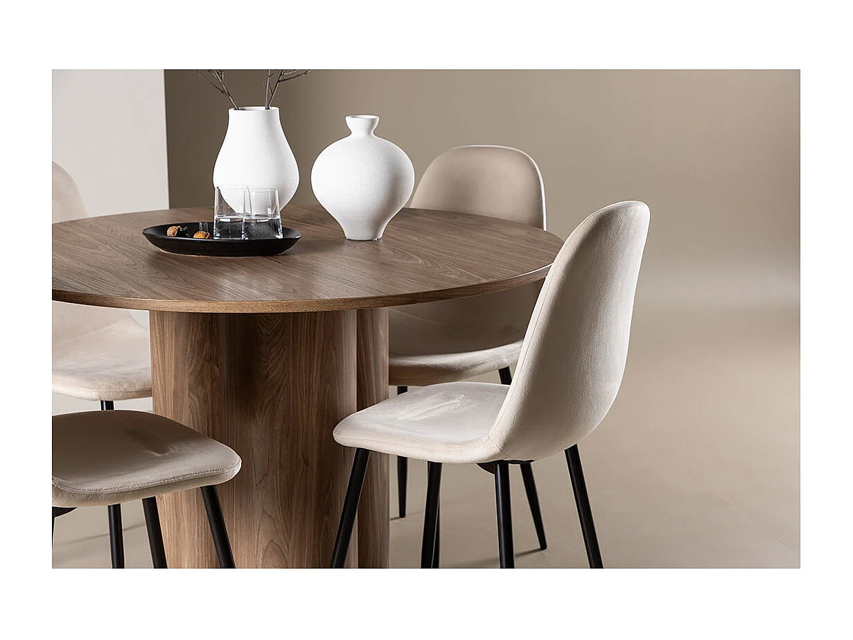 Olivia ensemble pour salle à manger table Ø110cm et 4 chaises velours brun.
