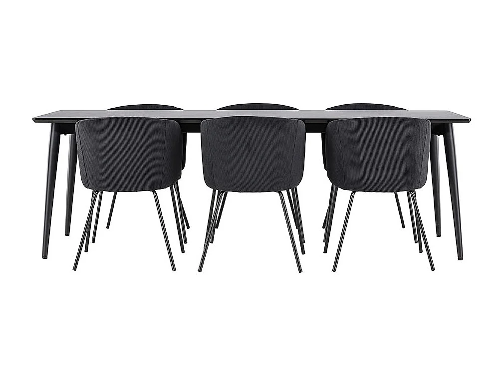 Ellis ensemble pour salle à manger table 85x230cm et 6 chaises velours avec accoudoirs noir.