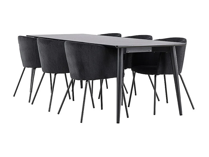 Ellis ensemble pour salle à manger table 85x230cm et 6 chaises velours avec accoudoirs noir.