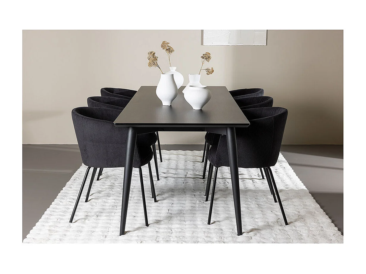 Ellis ensemble pour salle à manger table 85x230cm et 6 chaises velours avec accoudoirs noir.