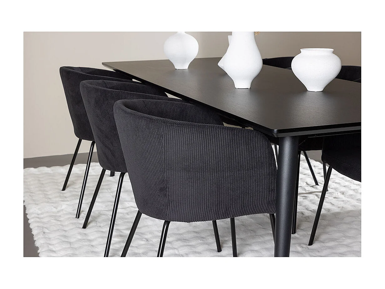 Ellis ensemble pour salle à manger table 85x230cm et 6 chaises velours avec accoudoirs noir.