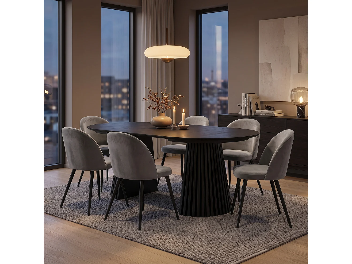 Tokyo ensemble de table à manger table à manger noir, 6 chaises en velours gris.