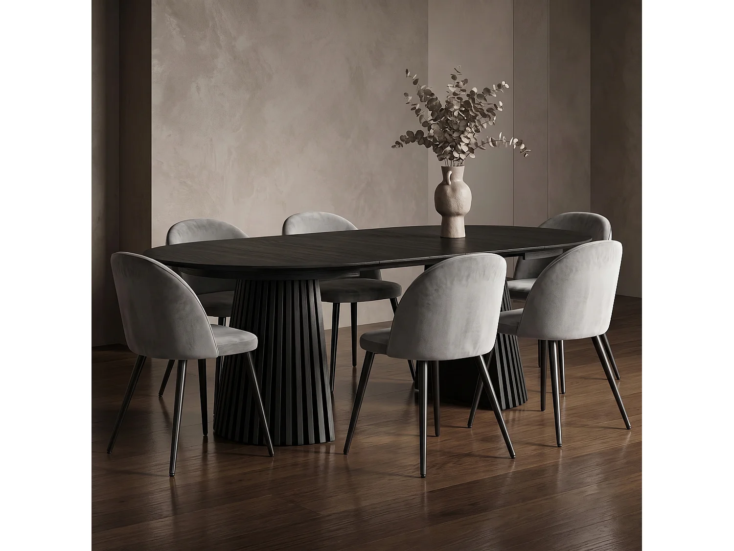 Tokyo ensemble de table à manger table à manger noir, 6 chaises en velours gris.