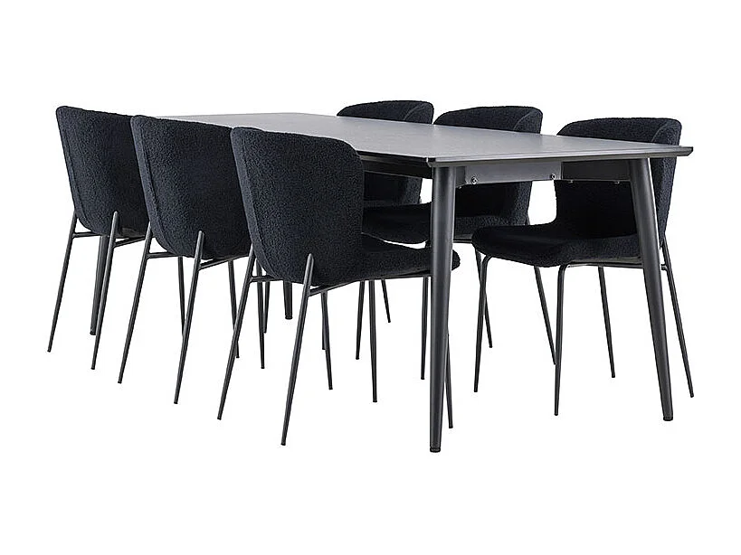 Ellis ensemble pour salle à manger table 85x230cm et 6 chaises teddy noir.