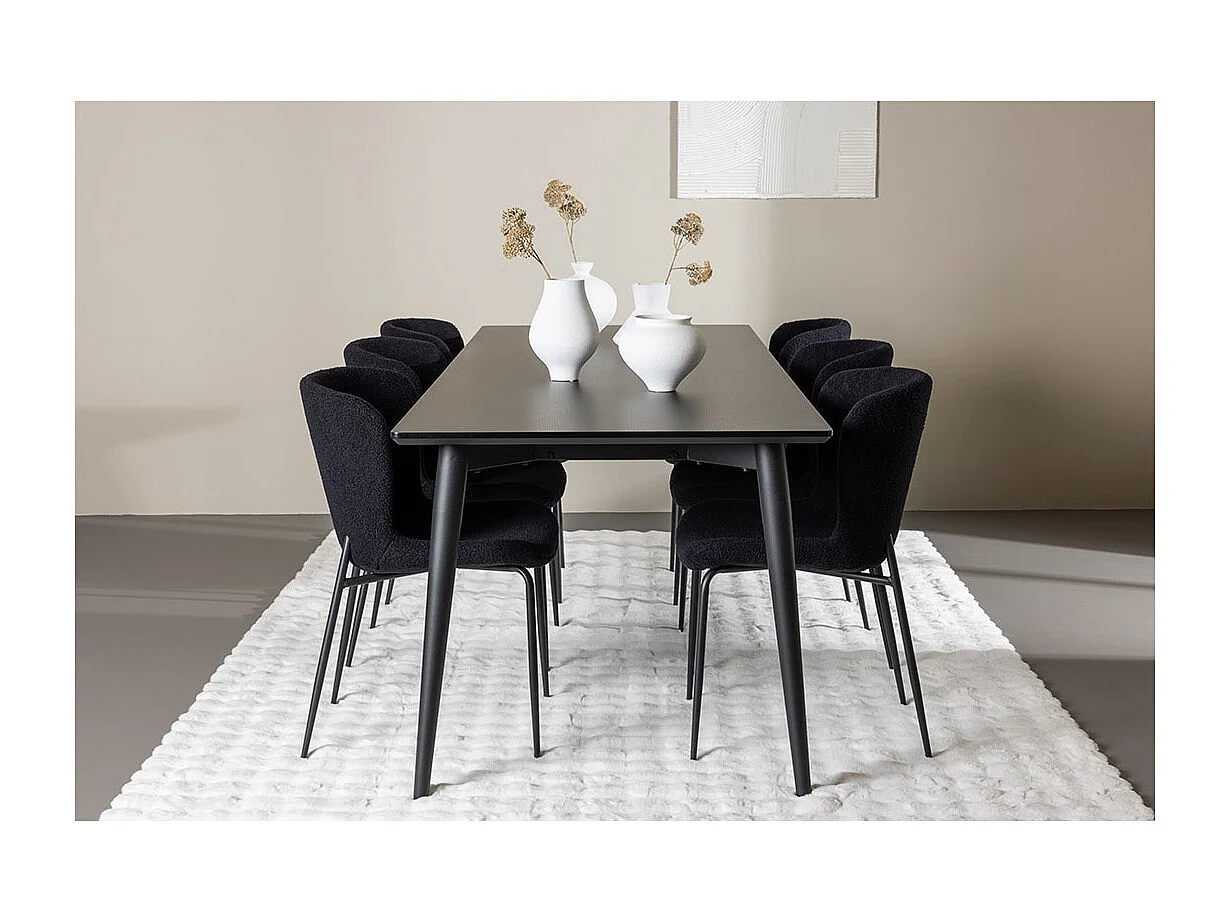 Ellis ensemble pour salle à manger table 85x230cm et 6 chaises teddy noir.
