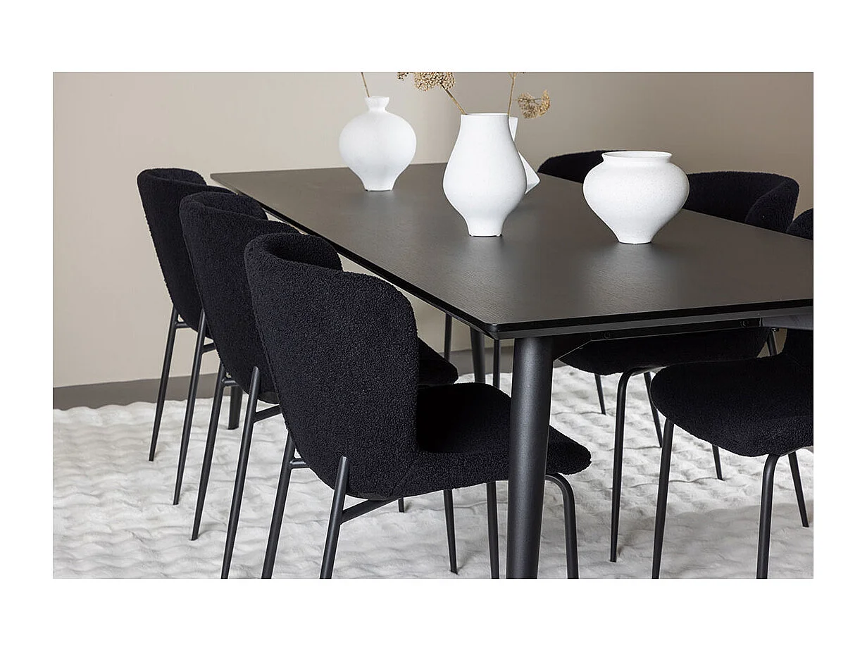 Ellis ensemble pour salle à manger table 85x230cm et 6 chaises teddy noir.