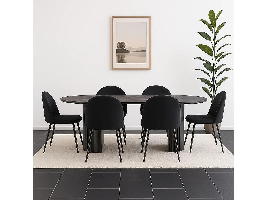 Kyoto ensemble de table à manger table à manger brun foncé, 6 chaises en velours noir.