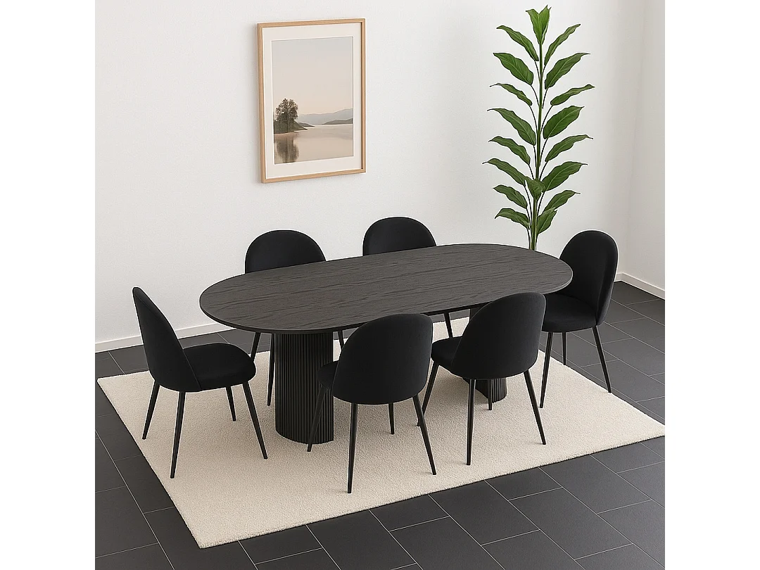 Kyoto ensemble de table à manger table à manger brun foncé, 6 chaises en velours noir.