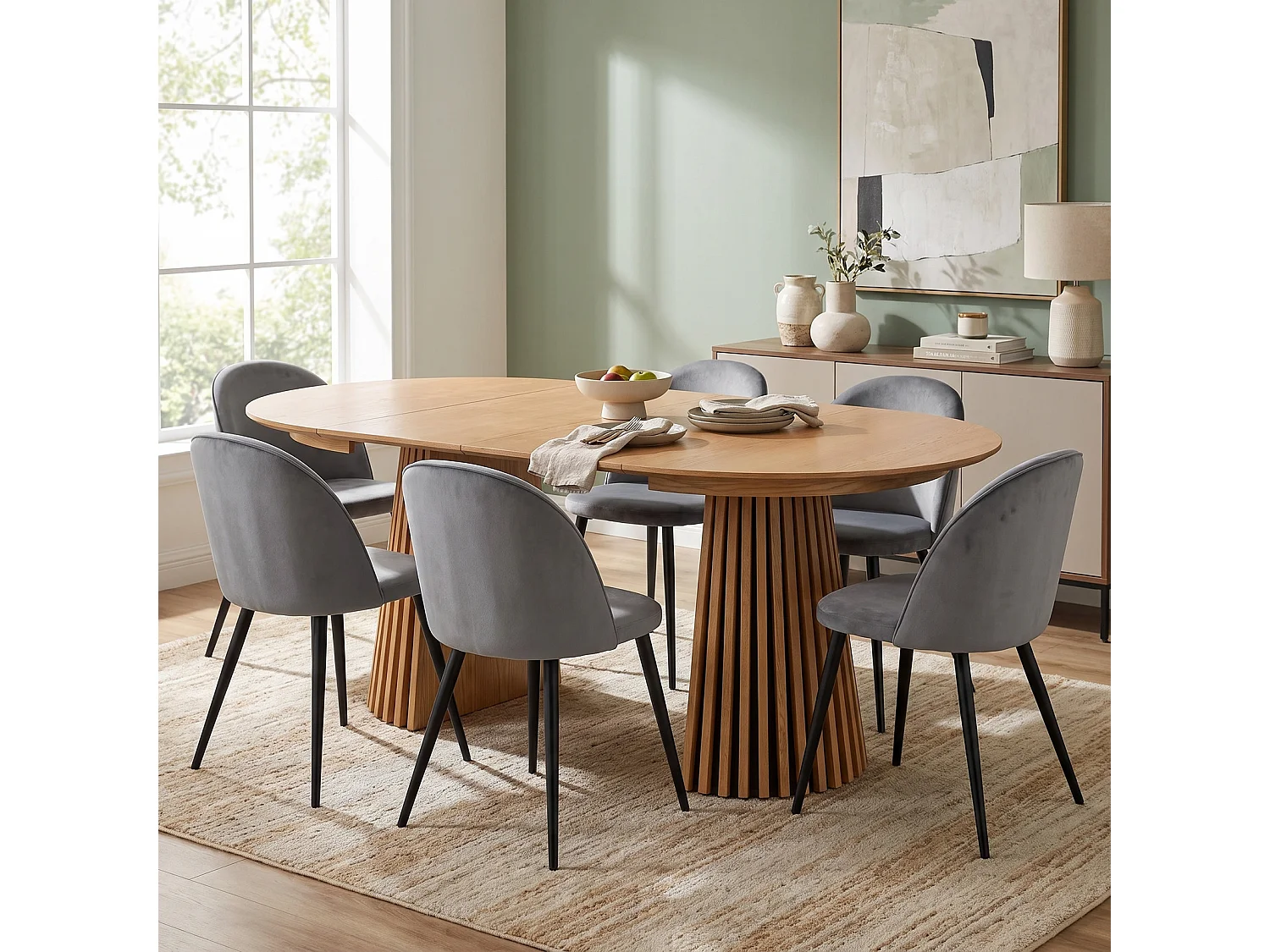 Tokyo ensemble de table à manger table à manger naturel, 6 chaises en velours gris.