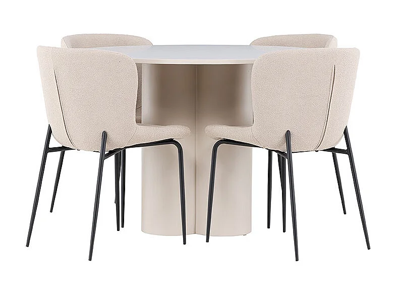 Olivia ensemble pour salle à manger table Ø110cm et 4 chaises bouclé beige.