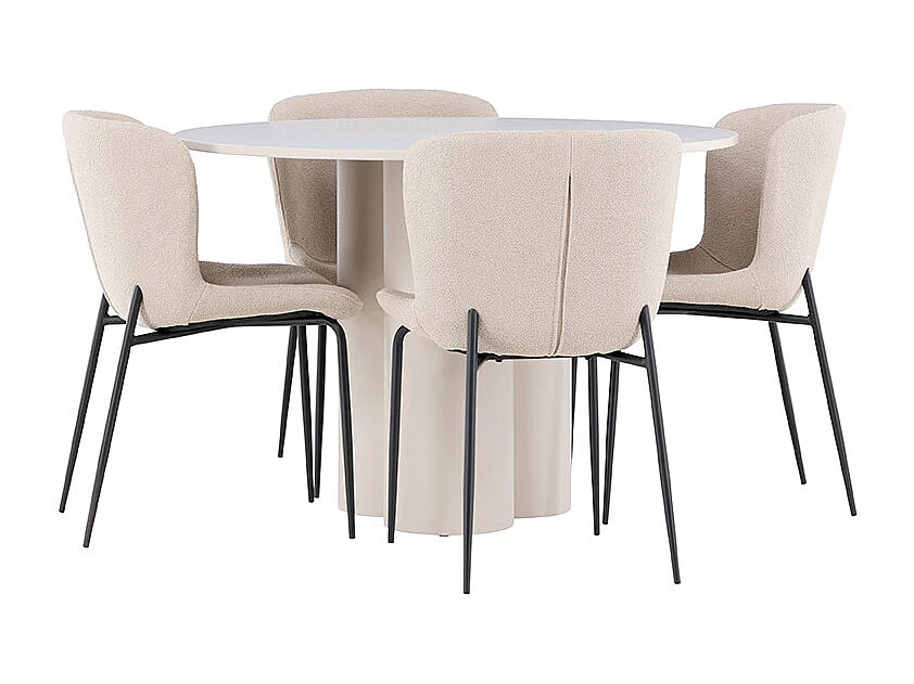Olivia ensemble pour salle à manger table Ø110cm et 4 chaises bouclé beige.