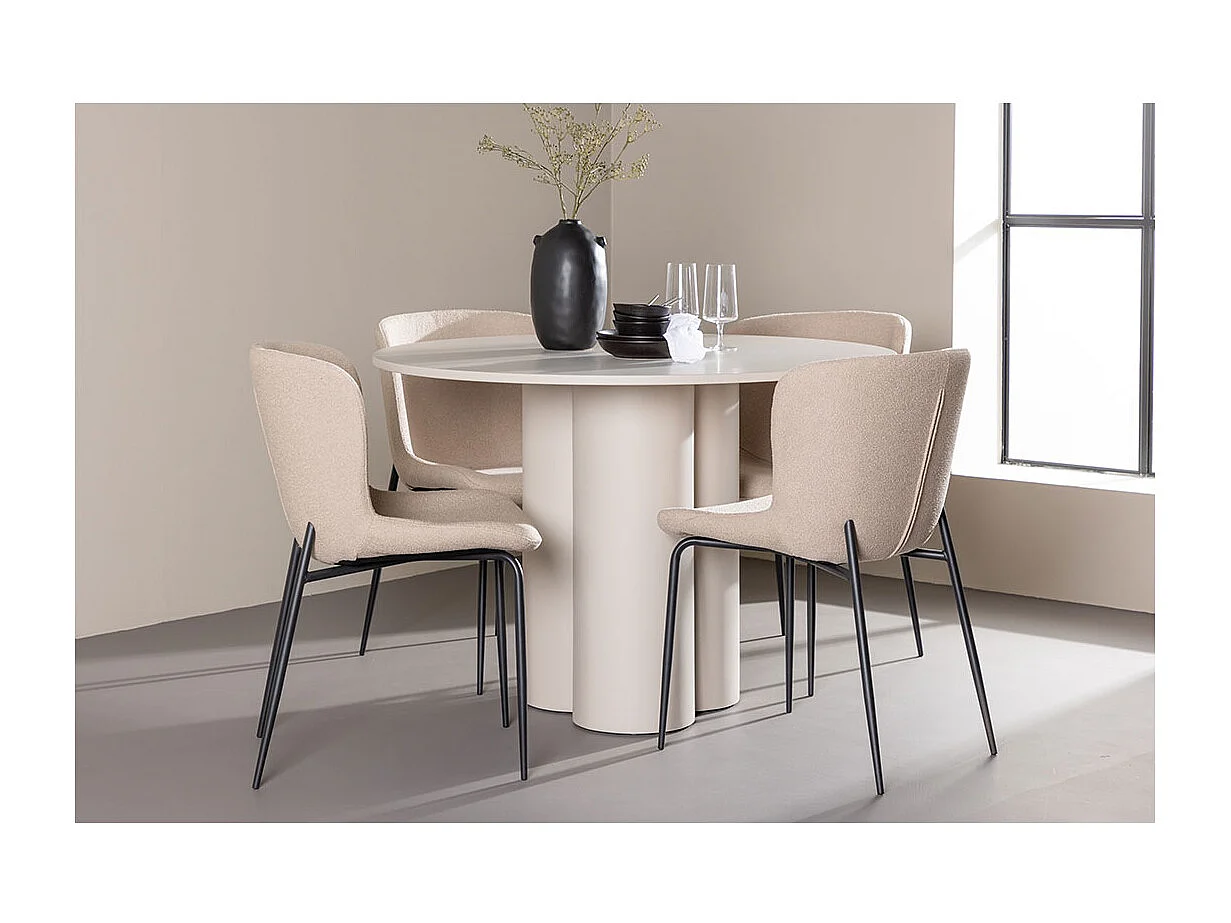 Olivia ensemble pour salle à manger table Ø110cm et 4 chaises bouclé beige.
