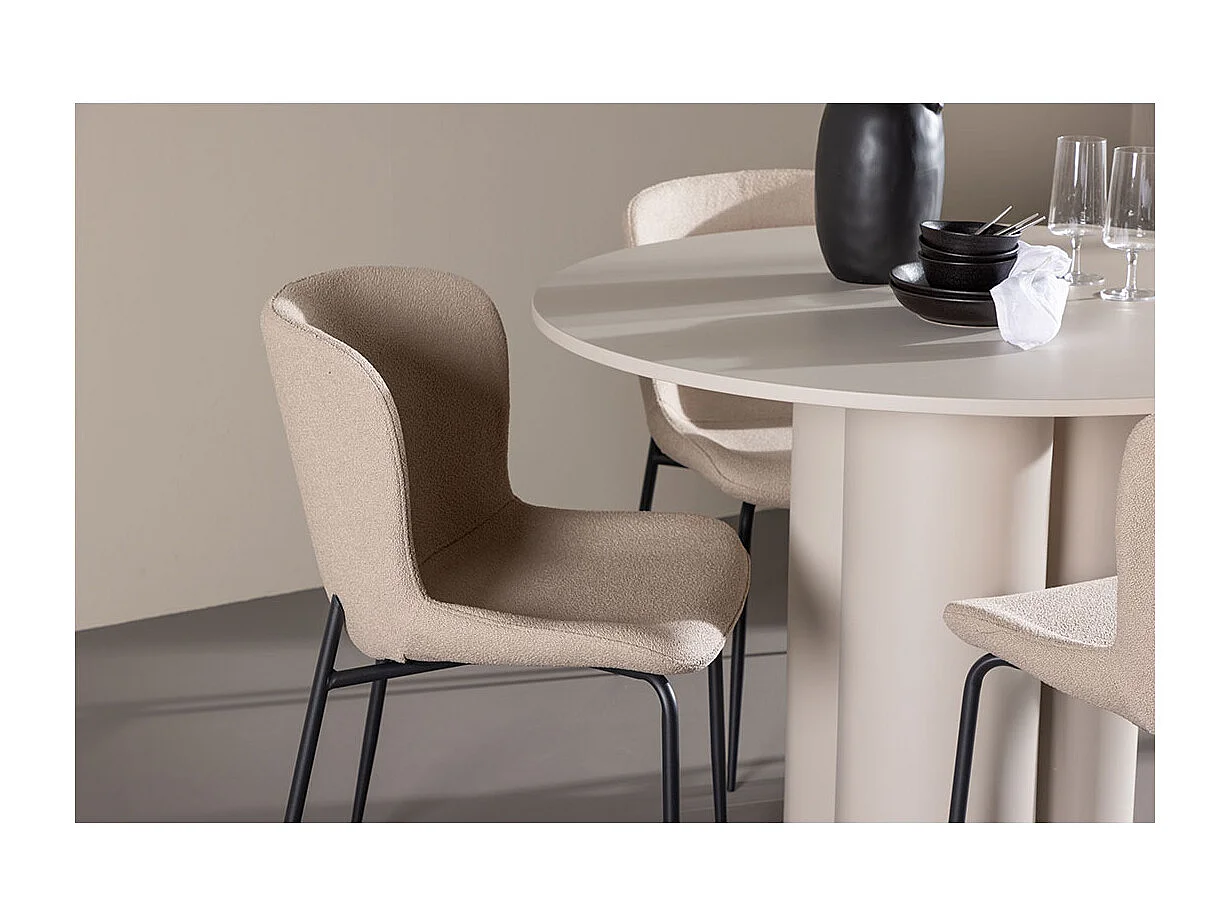 Olivia ensemble pour salle à manger table Ø110cm et 4 chaises bouclé beige.