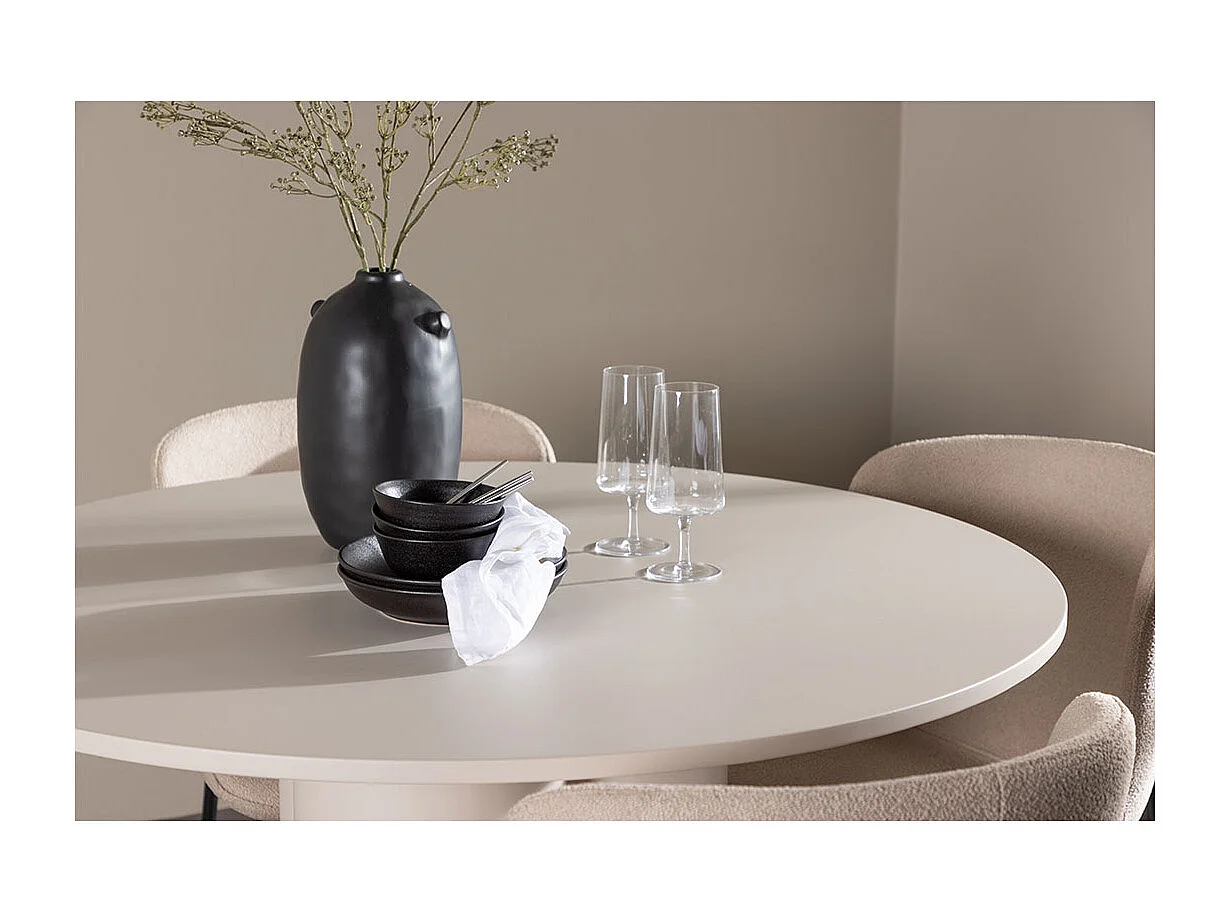 Olivia ensemble pour salle à manger table Ø110cm et 4 chaises bouclé beige.
