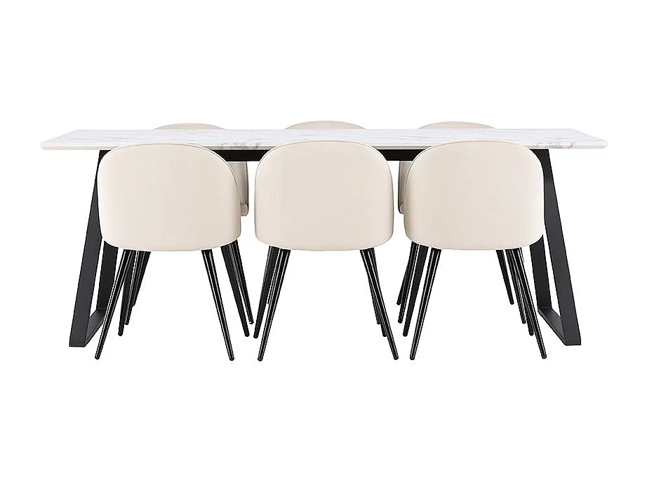 Malaga ensemble pour salle à manger table de salle à manger 90x200cm blanc et 6 Skagen chaise velours beige.