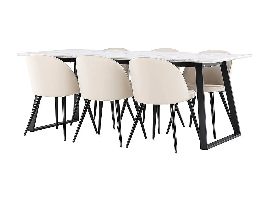 Malaga ensemble pour salle à manger table de salle à manger 90x200cm blanc et 6 Skagen chaise velours beige.