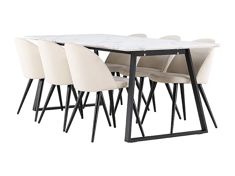 Malaga ensemble pour salle à manger table de salle à manger 90x200cm blanc et 6 Skagen chaise velours beige.