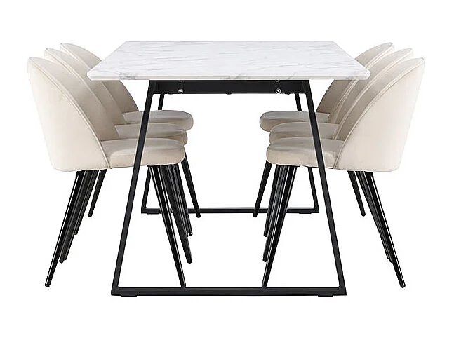 Malaga ensemble pour salle à manger table de salle à manger 90x200cm blanc et 6 Skagen chaise velours beige.