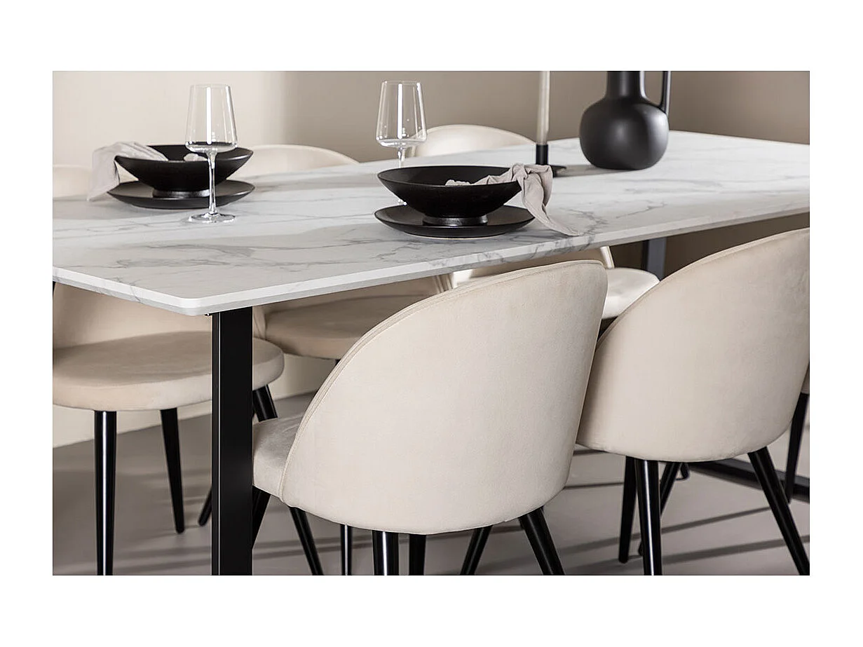 Malaga ensemble pour salle à manger table de salle à manger 90x200cm blanc et 6 Skagen chaise velours beige.