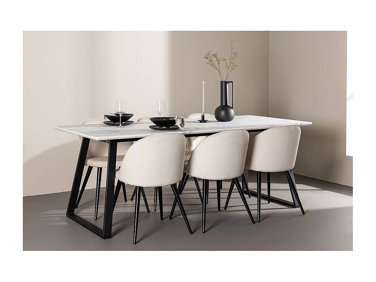 Malaga ensemble pour salle à manger table de salle à manger 90x200cm blanc et 6 Skagen chaise velours beige.