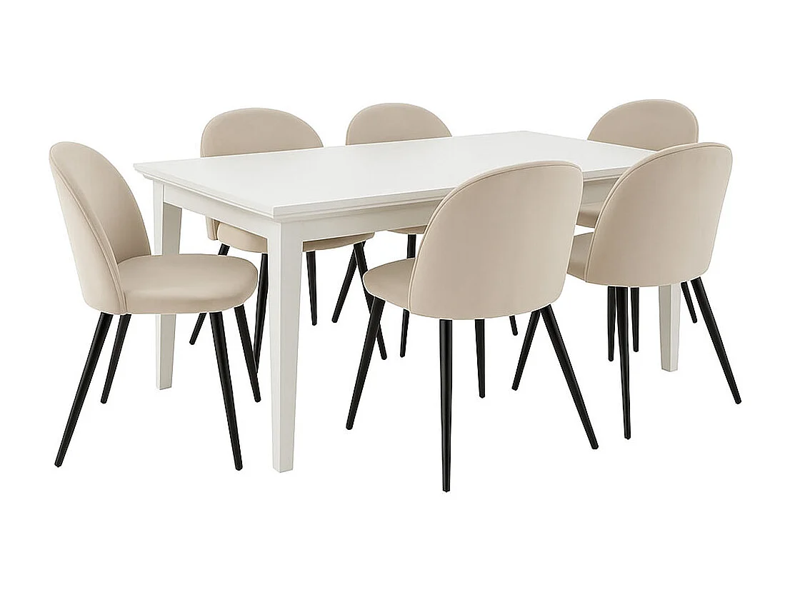 Venedig ensemble pour salle à manger table à manger blanc 95x180/276 avec 2 plateaux supplémentaires 6 chaises velours beige.