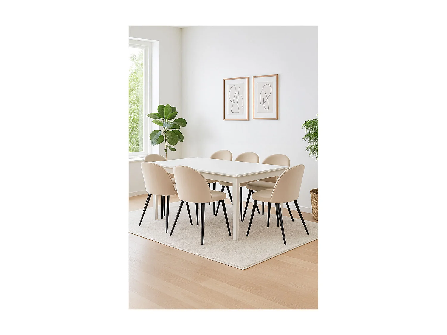 Venedig ensemble pour salle à manger table à manger blanc 95x180/276 avec 2 plateaux supplémentaires 6 chaises velours beige.