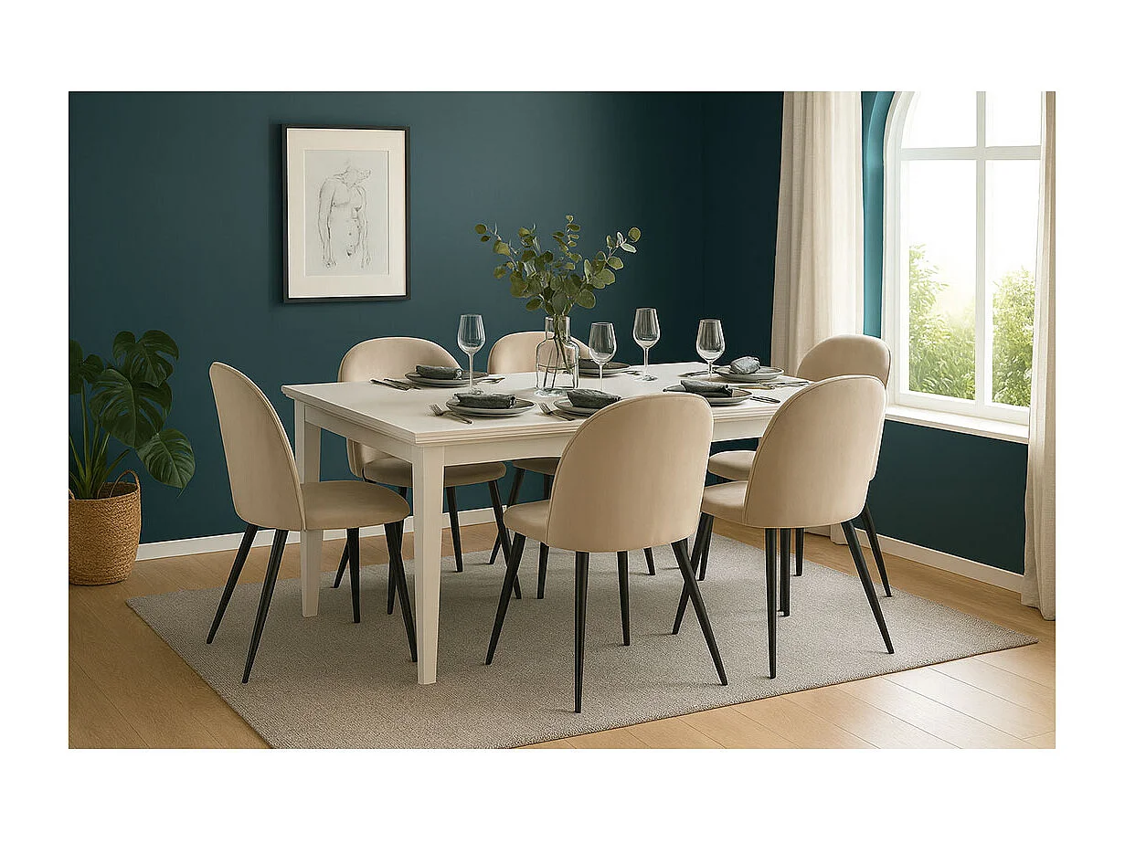 Venedig ensemble pour salle à manger table à manger blanc 95x180/276 avec 2 plateaux supplémentaires 6 chaises velours beige.