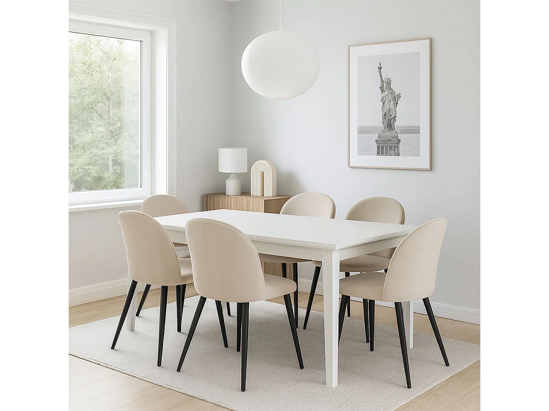 Venedig ensemble pour salle à manger table à manger blanc 95x180/276 avec 2 plateaux supplémentaires 6 chaises velours beige.